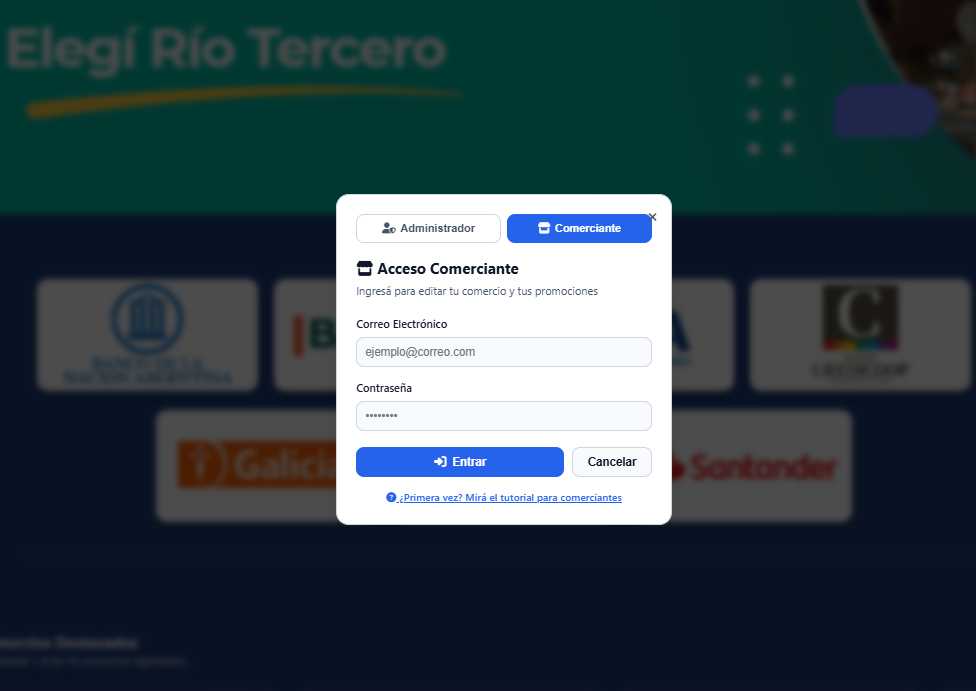 Pestaña Comerciante en el modal de login