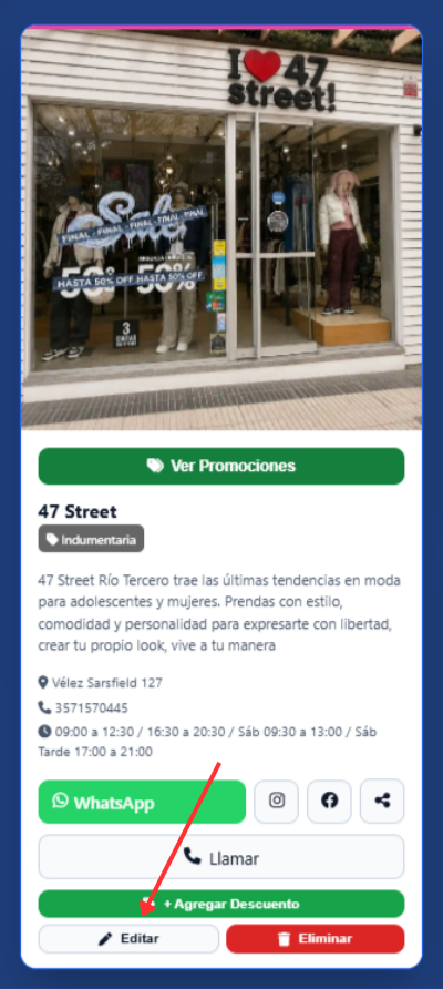 Botón Editar en la card del comercio