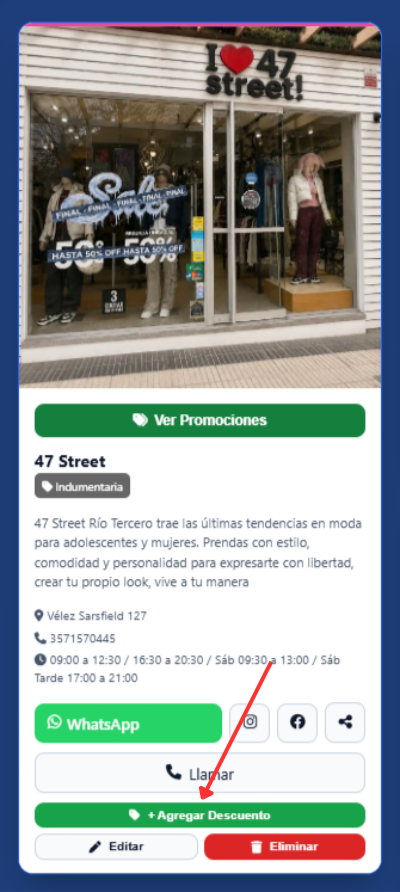 Botón + Agregar Descuento en la card del comercio