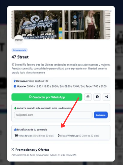 Cuadro de estadísticas de vistas y clics a WhatsApp en el perfil
