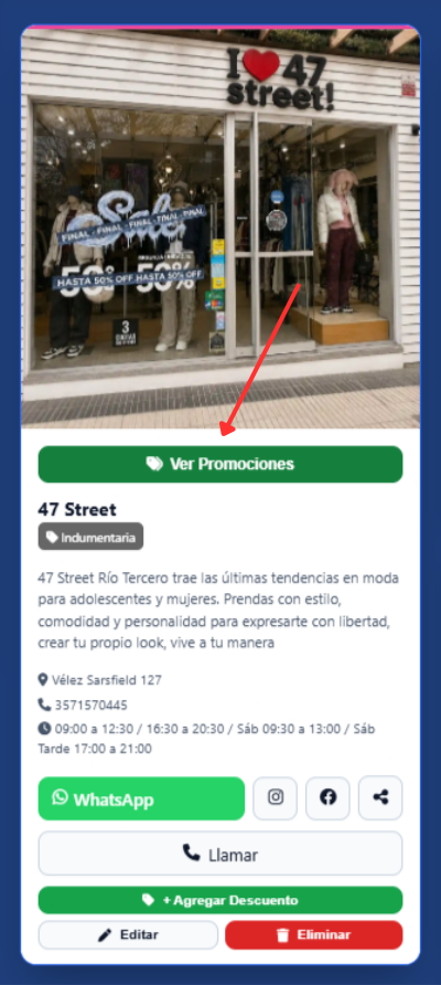Botón Ver Promociones en la card del comercio
